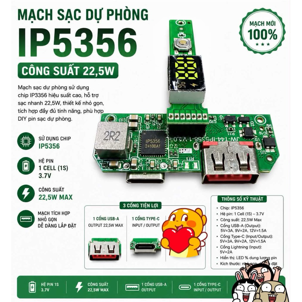 Mạch sạc dự phòng 22,5W chip ip5356 mini