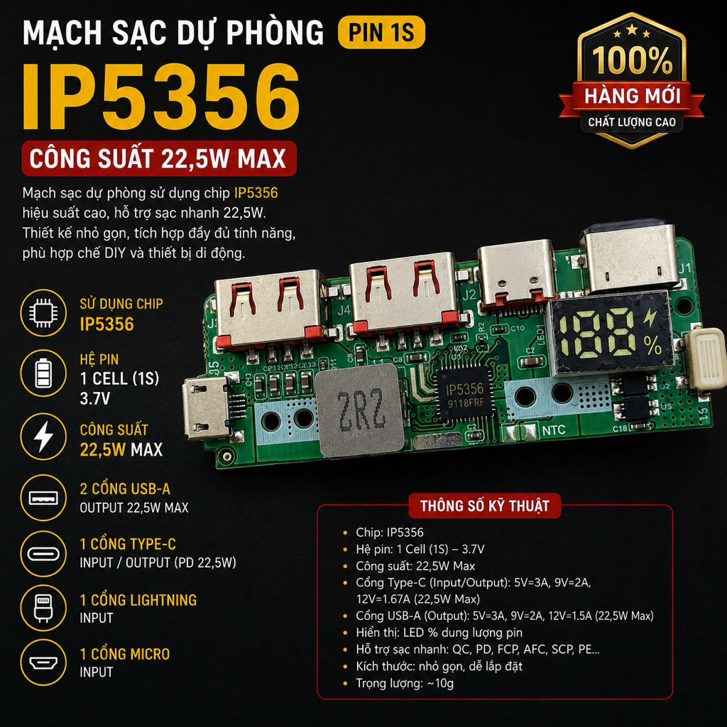 Mạch sạc dự phòng 22,5w chip ip5356