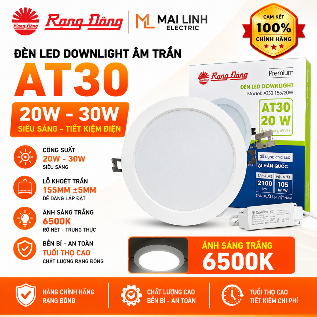 [Chính Hãng] Đèn Led Downlight âm trần 20W 30W Rạng Đông -Lỗ khoét trần 155mm +-5mm -Ánh sáng trắng 