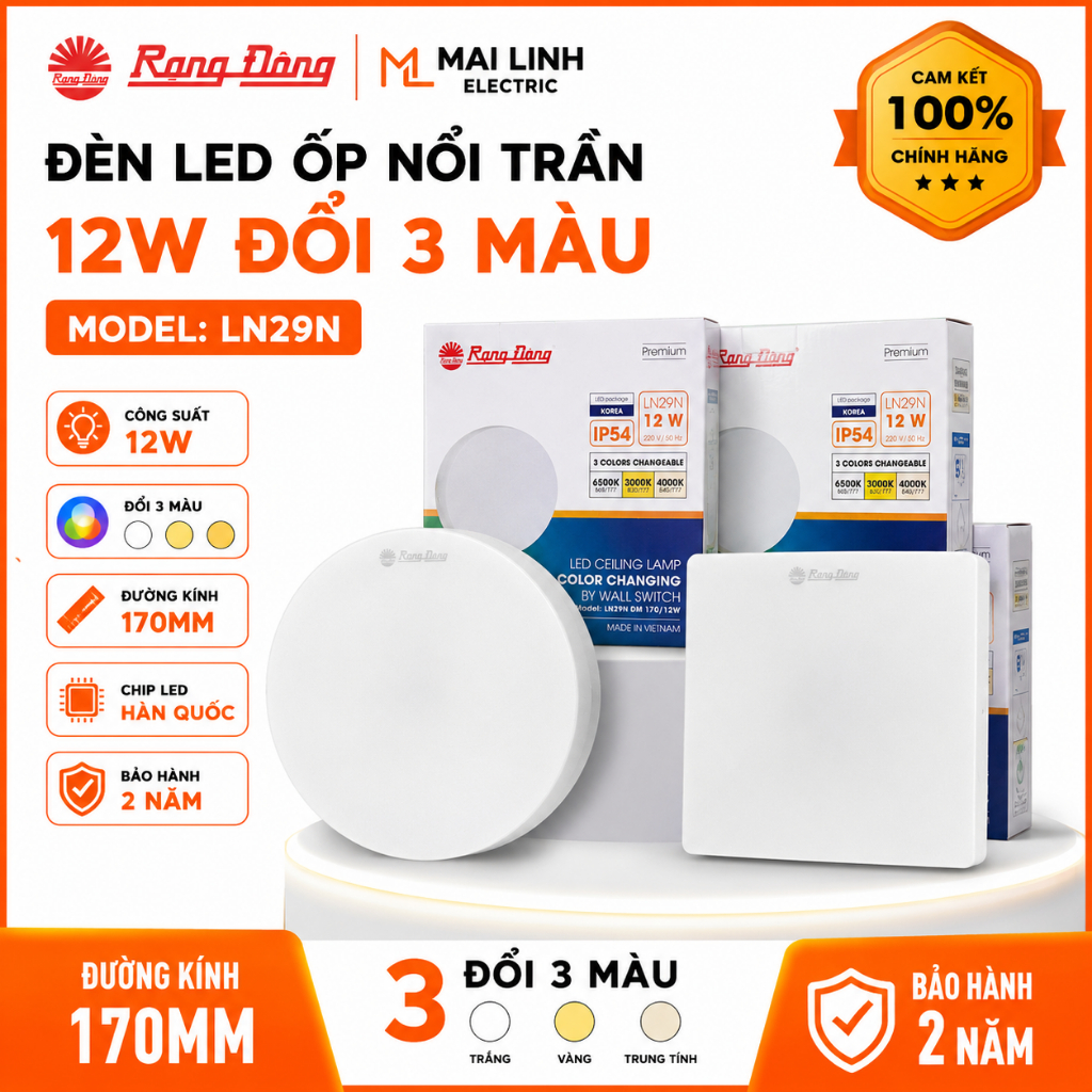 [Chính Hãng] Đèn Led ốp nổi trần (Vuông & Tròn) 12W Đổi 3 Màu Rạng Đông - Đường kính 170mm -Chip hàn