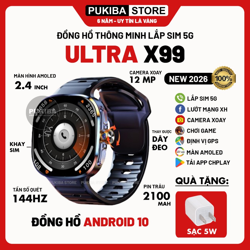 Đồng Hồ Thông Minh Ultra X99 Lắp Sim 5G, 2.4" Amoled, Wifi, Bluetooth, Android 10, CHplay, Lướt Mạng