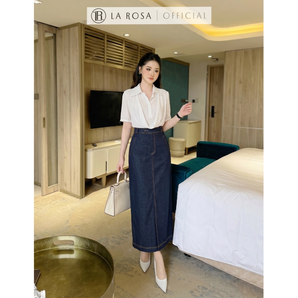 Set Váy Công Sở Thanh Lịch La Rosa Áo Ngắn Tay Cổ Sơ Mi Cách Điệu Phối Chân Váy Bò Xẻ Tà Tôn Dáng Ca
