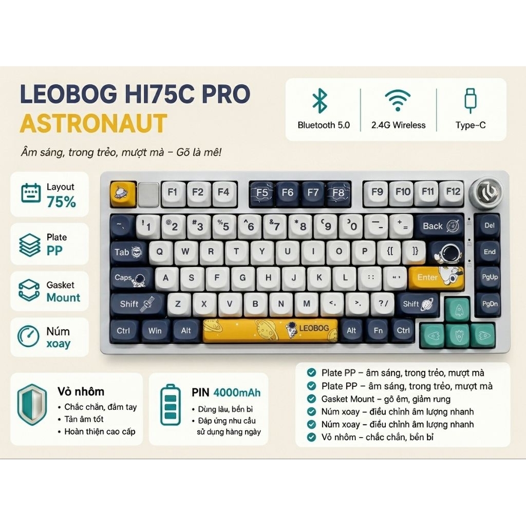 Leobog HI75C Pro - Bàn phím cơ không dây - 3 Mode kết nối - Núm xoay - Layout 75% - Led RGB - App