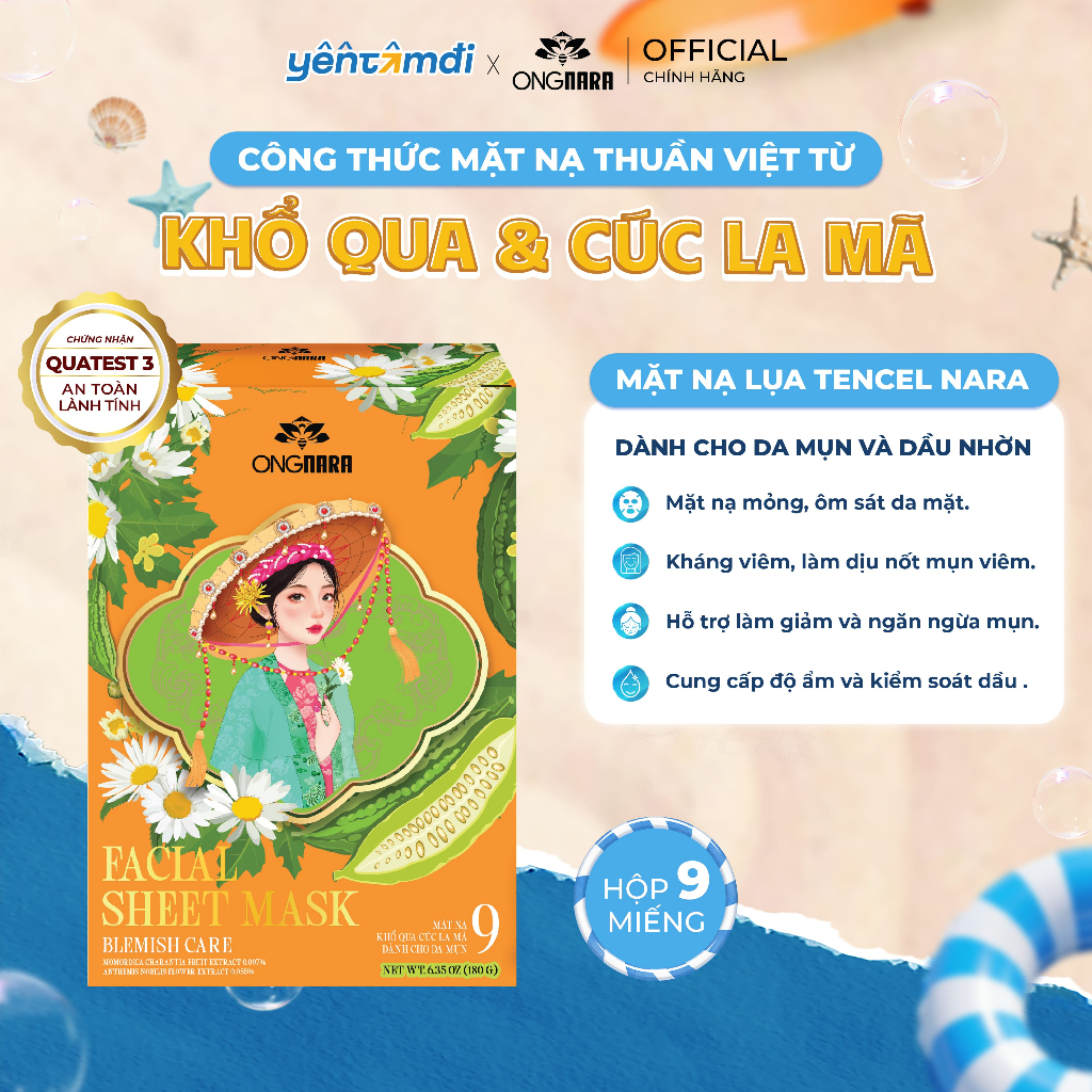 Hộp 9 miếng Mặt Nạ Lụa Giảm Mụn Mờ Thâm Dịu Da NARA Khổ qua Cúc La Mã