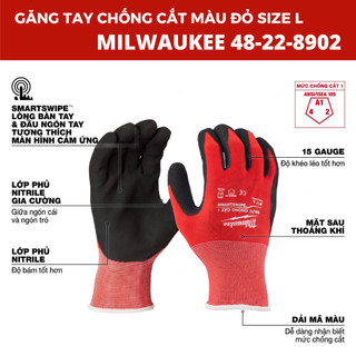 Găng Tay Chống Cắt Level 1 Milwaukee 48-22-8902 | Bao Tay Bảo Hộ Size L | Dùng Được Cảm Ứng
