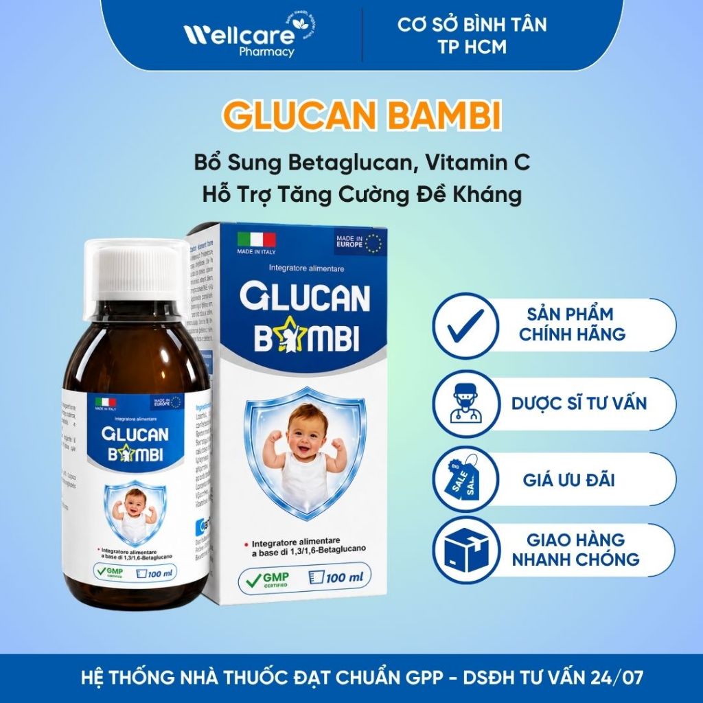 [CHÍNH HÃNG] Glucan Bambi 100ml Italy - Siro Beta Glucan Hỗ Trợ Tăng Đề Kháng, Bổ Sung Vitamin C
