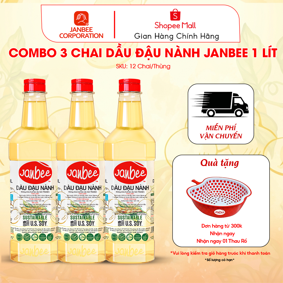 Dầu Đậu Nành Janbee - Combo 3 Chai 1 Lít - Nguyên Chất 100%, Không Trans Fat