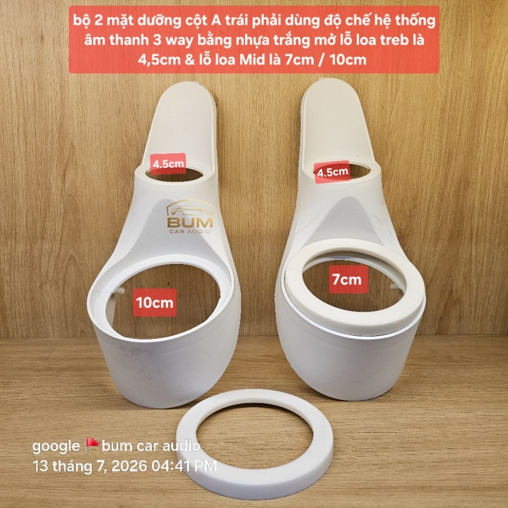 bộ 2 mặt dưỡng cột A trái phải dùng độ chế hệ thống âm thanh 3 way bằng nhựa trắng mở lỗ loa treb là