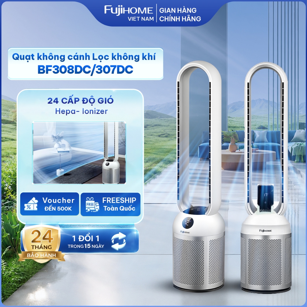 Quạt không cánh tích hợp lọc không khí FUJIHOME 307DC Nhập Khẩu, quạt mát đứng 24 chế độ gió màn LCD