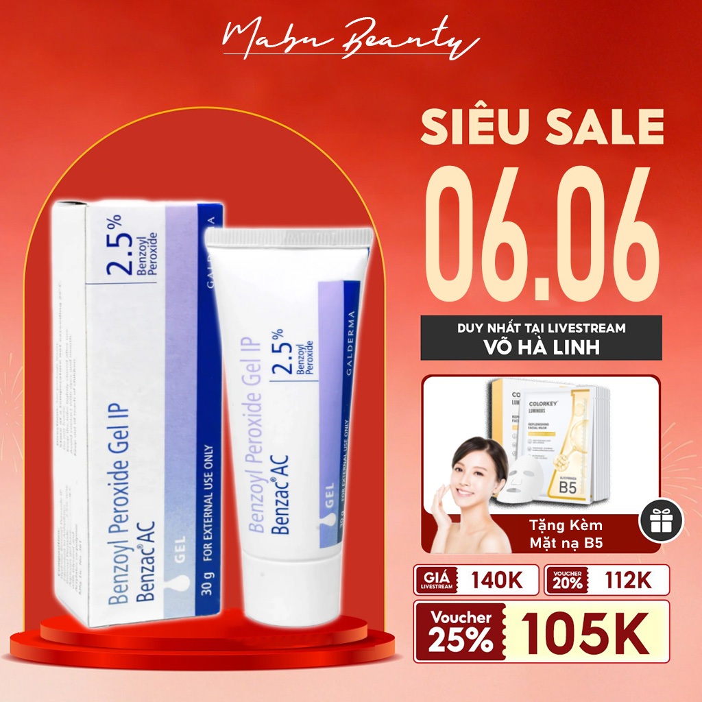 HỎA TỐC Gel chấm mụn Benzac AC 2,5% 5% Benzoyl Peroxide Kem giảm mụn mờ thâm 15g 30g
