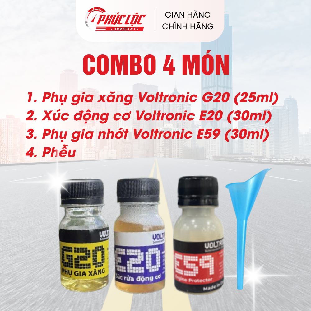 COMBO 4 món Xúc động cơ Voltronic E20 + Phụ gia xăng Voltronic G20 + Phụ gia nhớt Voltronic E59 + Ph