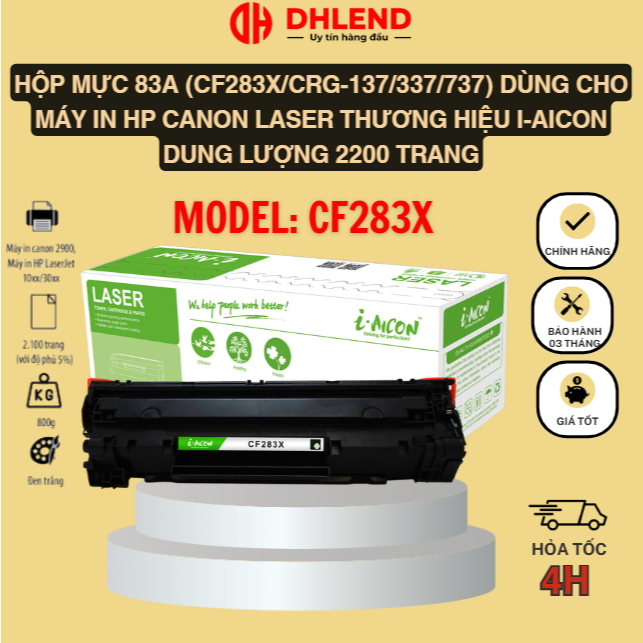 Hộp mực 83A (CF283X/CRG-137/337/737) dùng cho máy in HP Canon Laser thương hiệu I-Aicon dung lượng 2