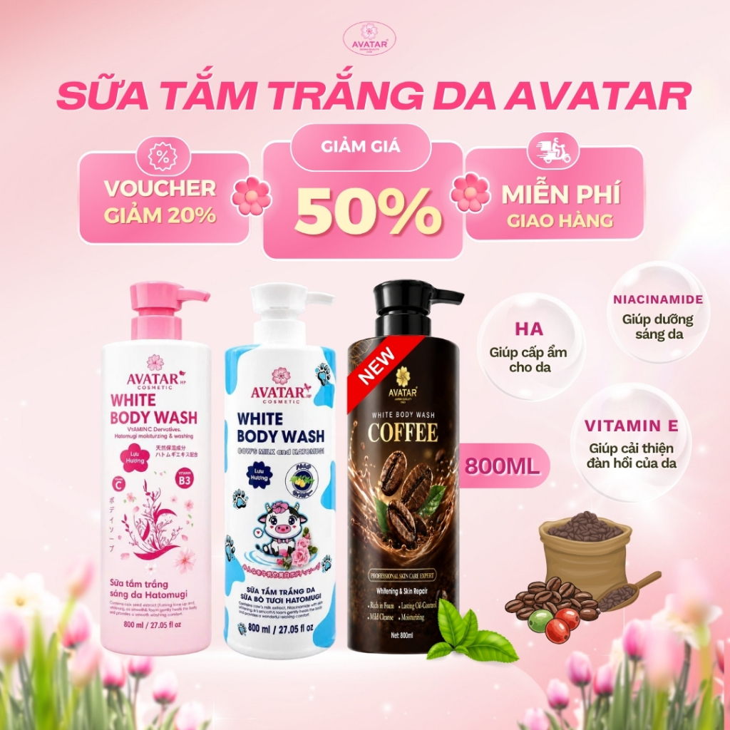Avatar Sữa Tắm Trắng Da White Body Wash 800mL Vitamin B3 Mềm Mại & Tươi Sáng