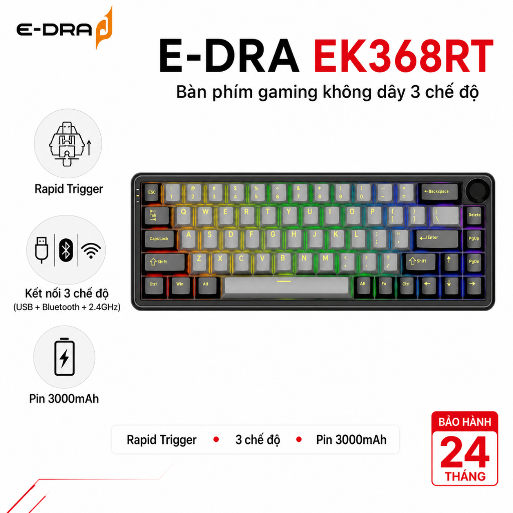 Bàn phím gaming không dây E-Dra EK368RT – Rapid Trigger, Triple Mode, pin 3000mAh – Chính hãng