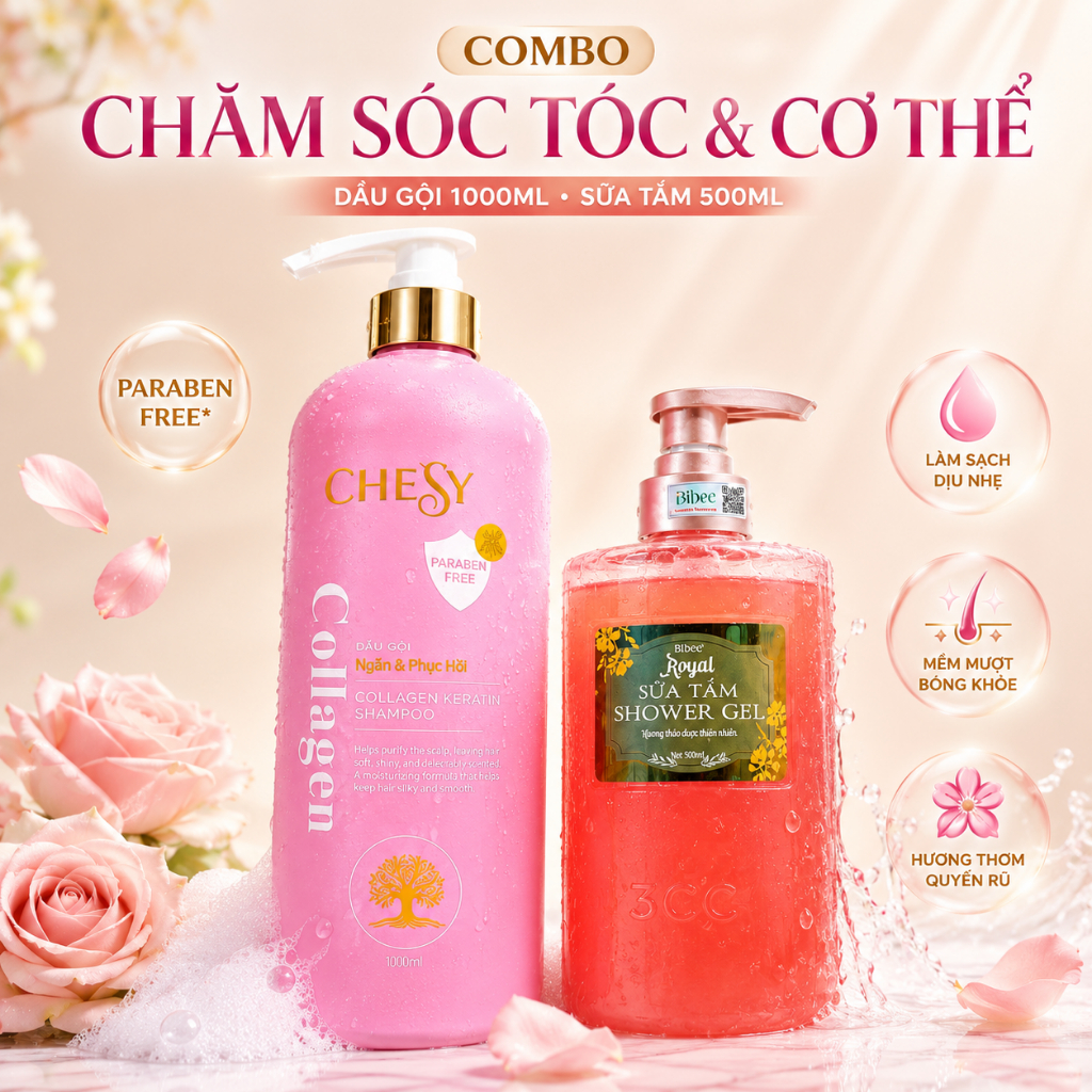 Combo Dầu Gội Phục Hồi Chesy Collagen Keratin 1000ml & Sữa Tắm Bibee Royal Hồng 500ml - Mềm Mượt Tóc