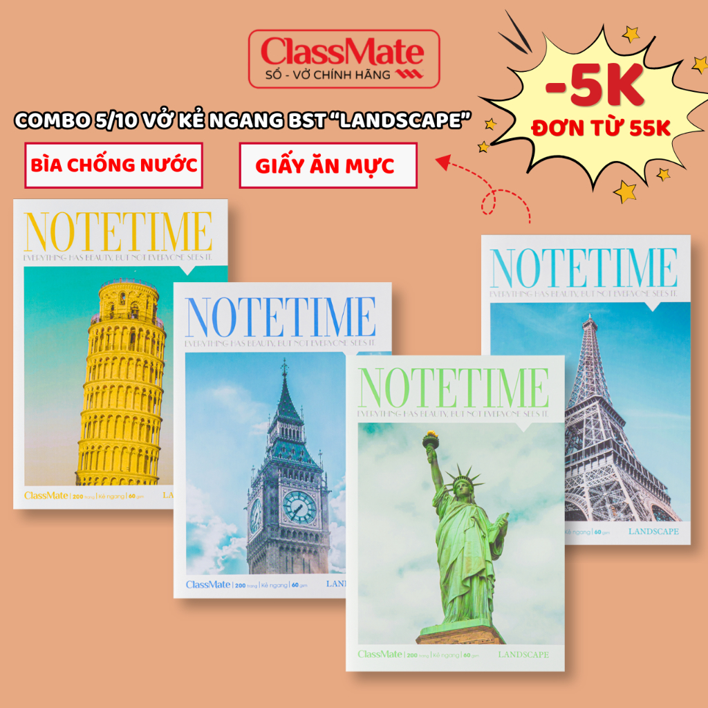 Combo 5/10 Vở Kẻ Ngang 200 Trang B5 Classmate BST "Note Time" 60gsm Bìa Cao Cấp Chống Thấm Nước, Ghi