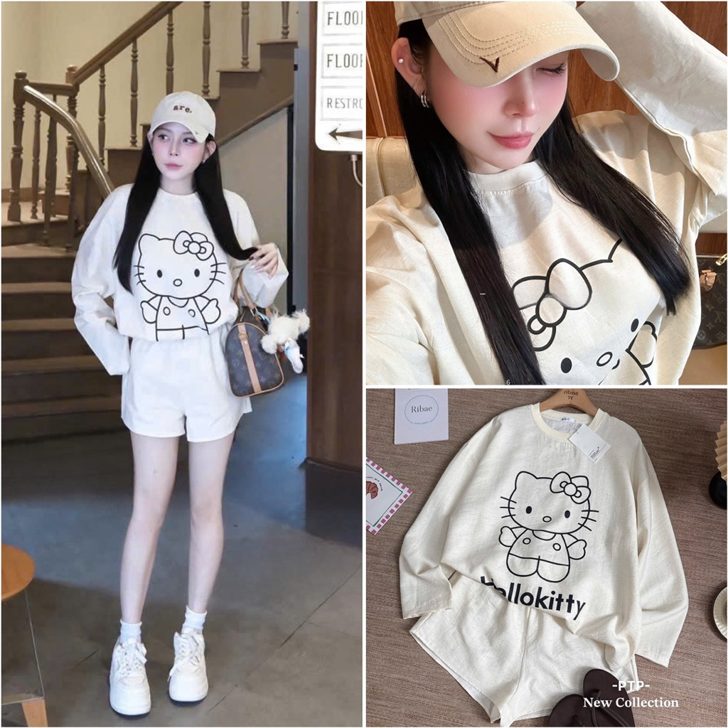 [S2.4436] Set Áo Đũi Kitty Dài Tay Kèm Quần Short - Ảnh Thật Chính Chủ PTP STORE