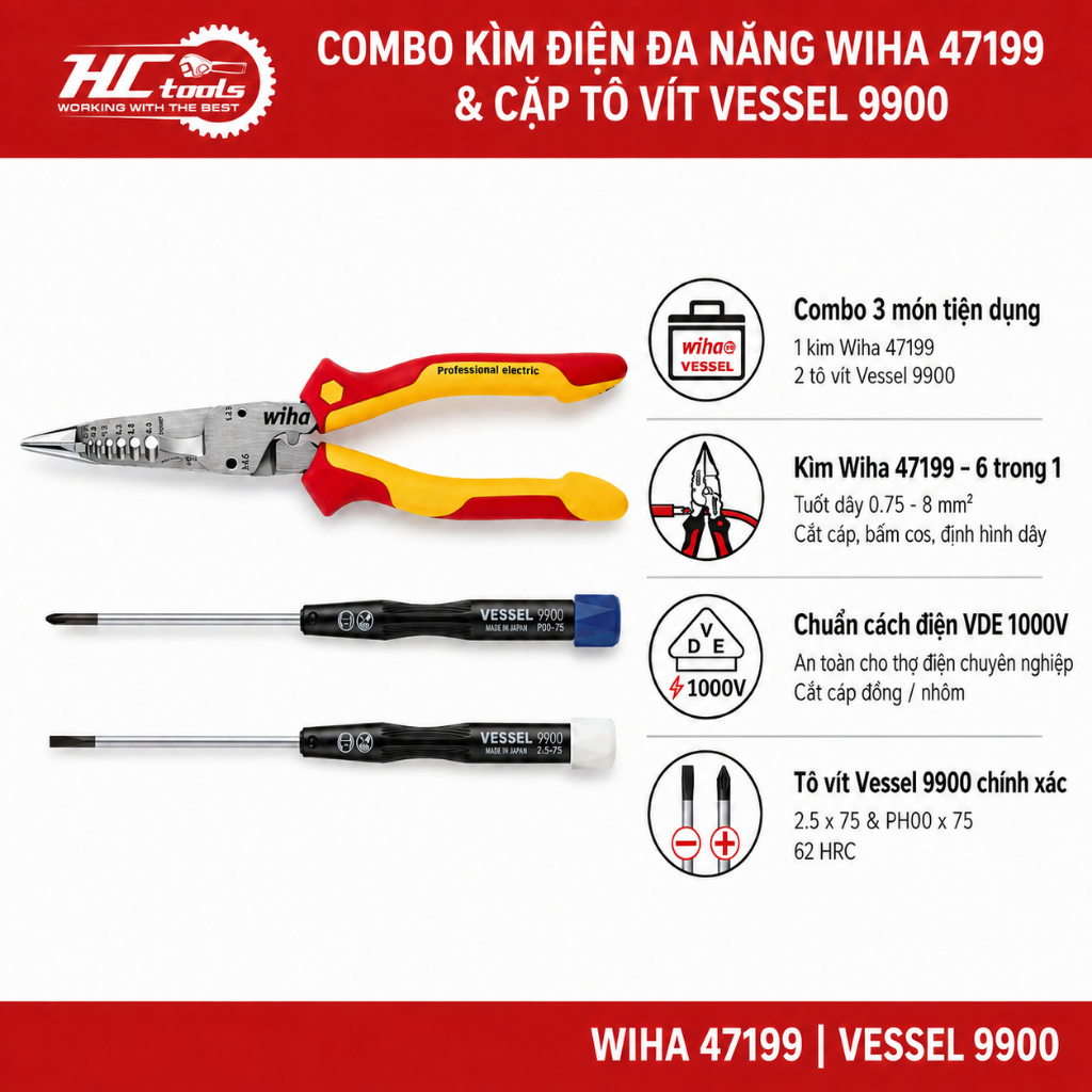 Combo Kìm Điện Đa Năng Wiha 47199 Và Cặp Tua Vít Điện Tử Vessel 9900 (2.5 & PH00) - HCTools