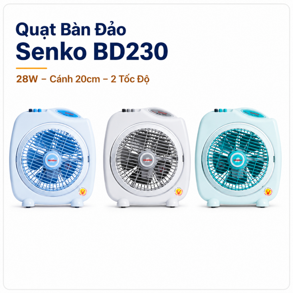 Quạt Bàn Đảo Senko BD230 28W – Cánh 20cm, 2 Tốc Độ