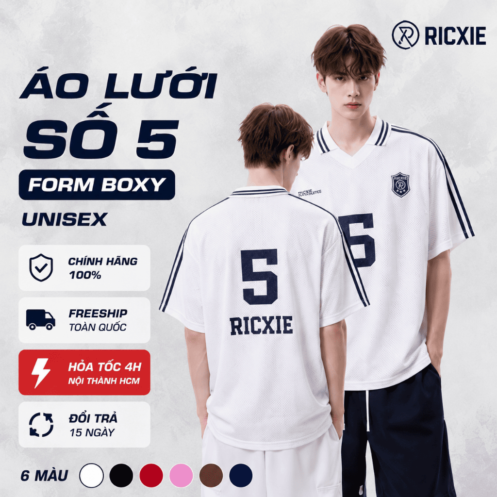 Áo Polo Jersey RICXIE Nam Nữ Số 5 Oversize Vải Lưới Thể Thao Thoáng Khí Unisex