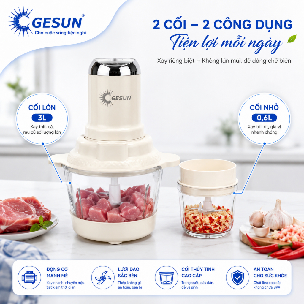 Máy Xay Thịt Đa Năng GESUN MX400 400W Cối Thủy Tinh 3L + 0.6L Cảm Ứng 1 Chạm Xay Thịt Cá Tỏi Ớt Đồ Ă