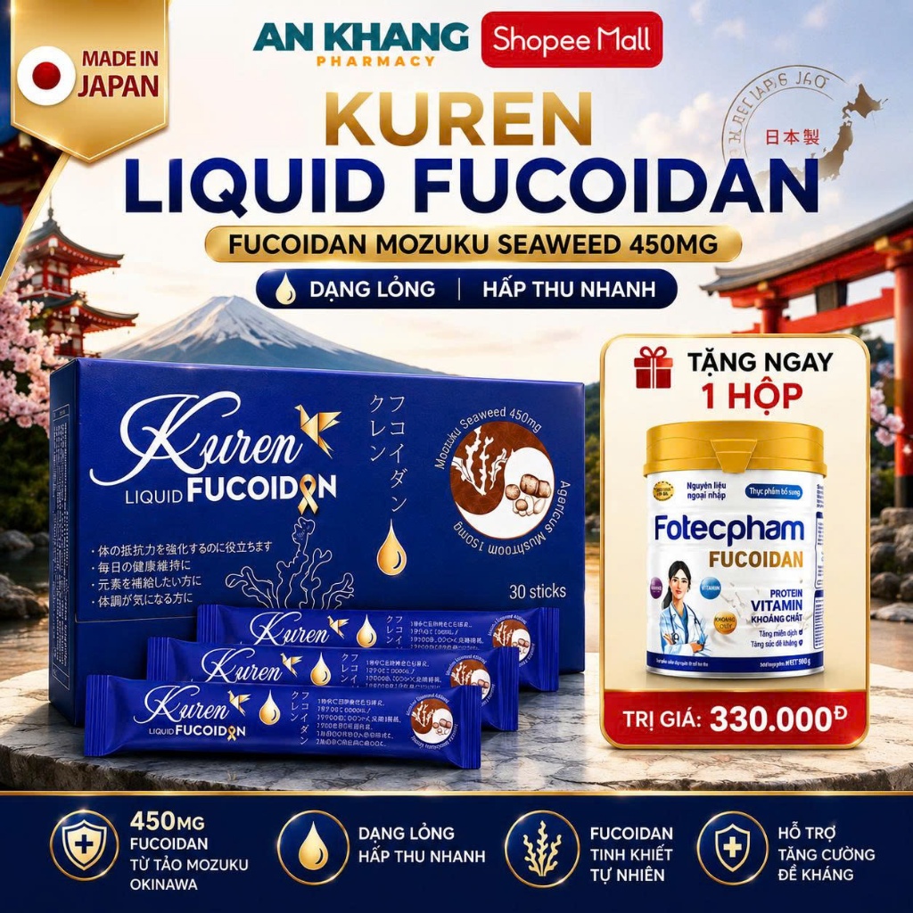 Kuren Liquid Fucoidan Nhật Bản Hộp 30 Gói - Fucoidan 450mg Dạng Nước Dễ Uống