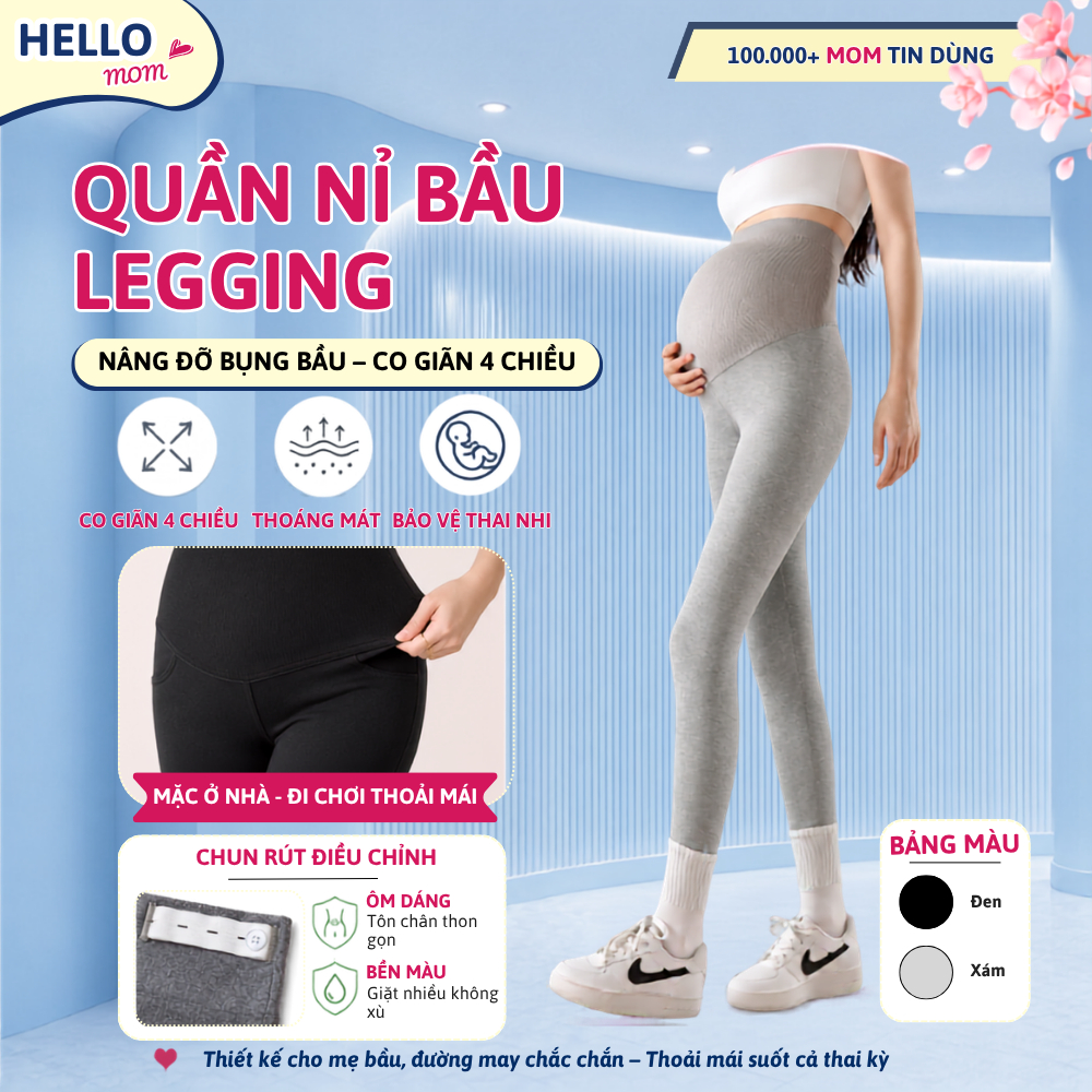 Quần Legging Bầu Hello Mom Đáp Bụng Chun Điều Chỉnh Chất Nỉ Cao Cấp Lót Lông - Legging Bầu Mặc Cả Ng