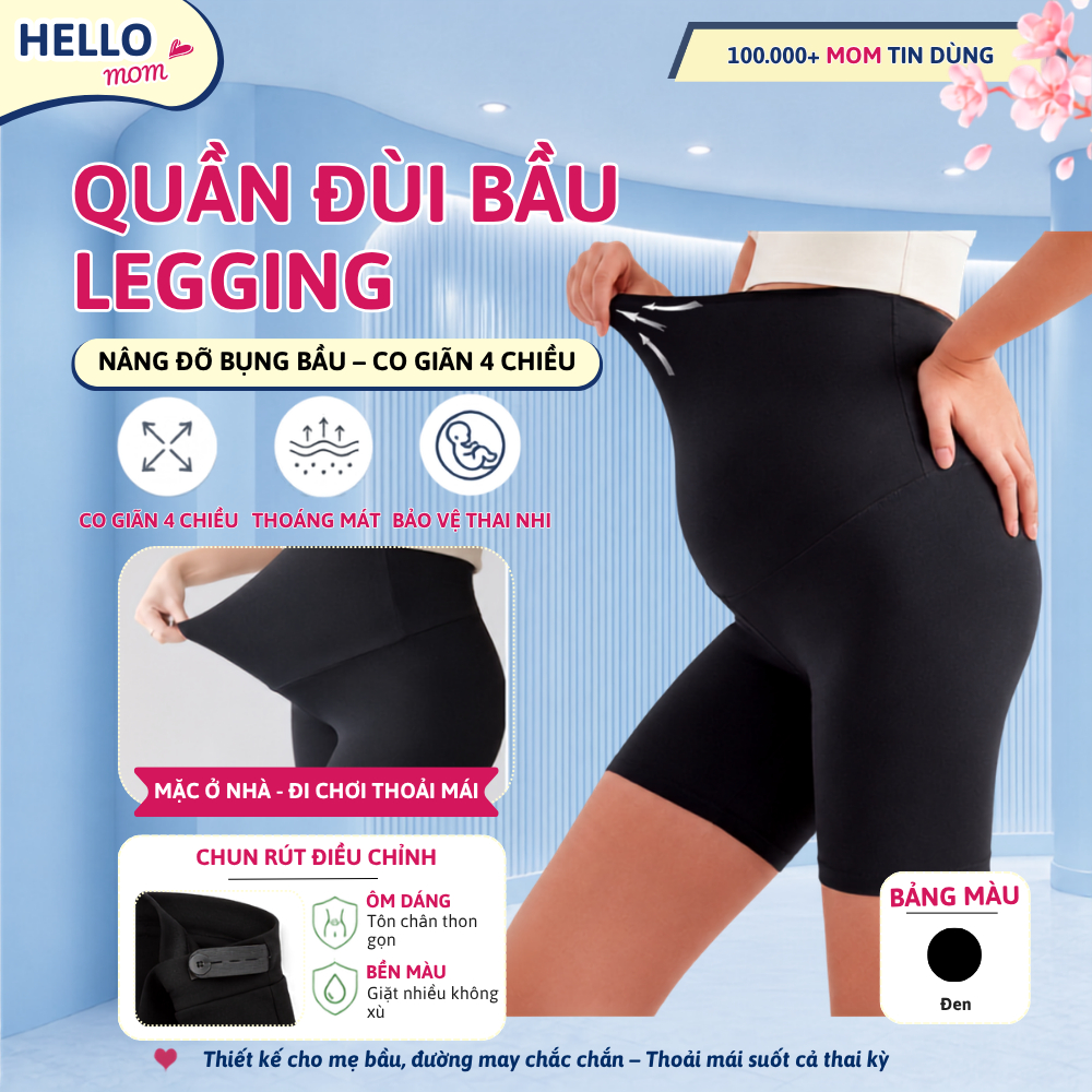 Quần Legging Bầu Hello Mom Đáp Bụng Chun Điều Chỉnh Chất Cotton Cao Cấp - Legging Bầu Co Giãn 4 Chiề