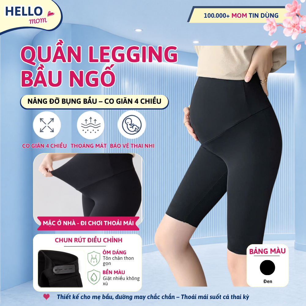 Quần Legging Bầu Hello Mom Đáp Bụng Chun Điều Chỉnh Chất Vải ZIP Cotton Cao Cấp - Legging Bầu Mặc Ở 