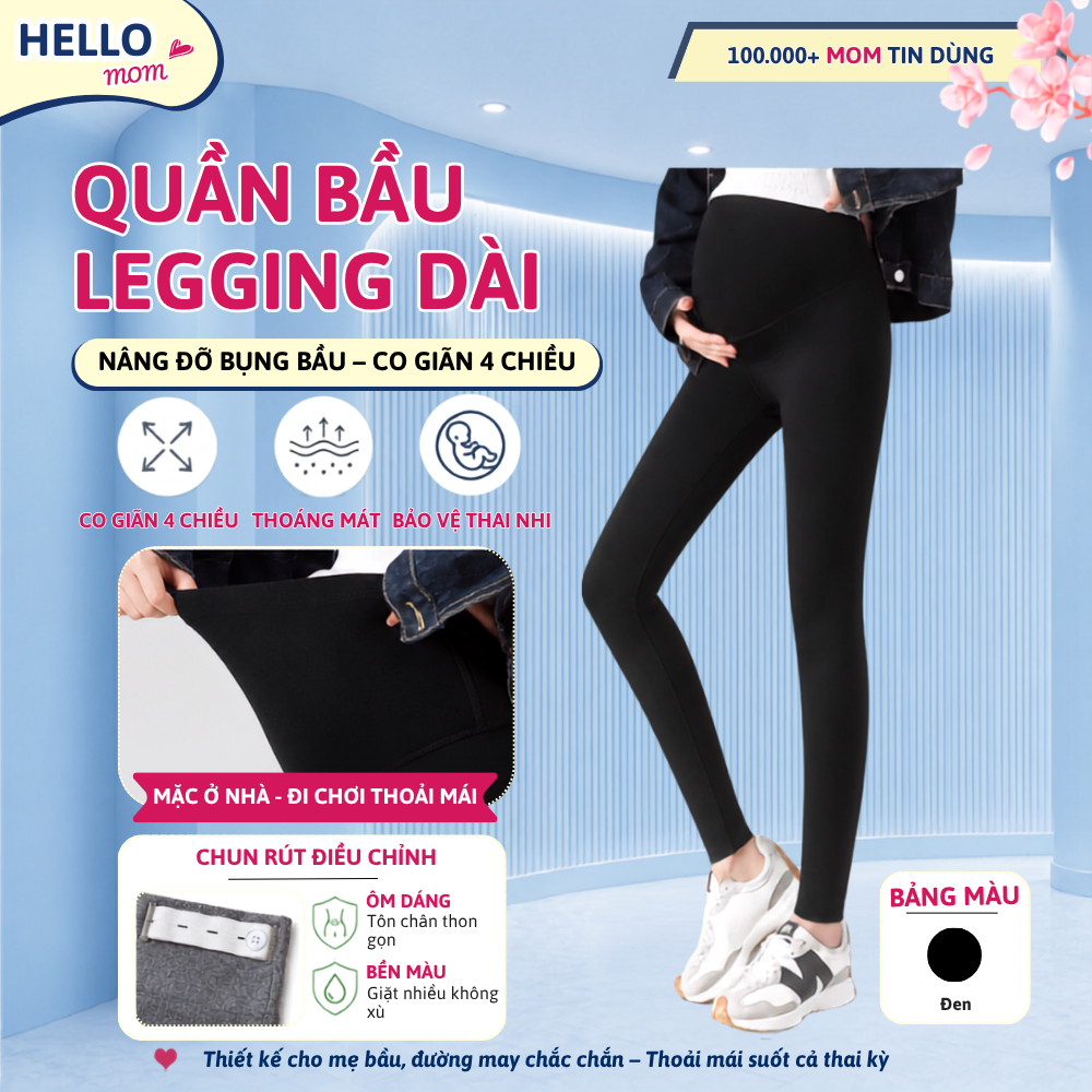 Quần Legging Bầu Hello Mom Đáp Bụng Chun Điều Chỉnh Chất Cotton Co Giãn - Legging Bầu Co Giãn 4 Chiề