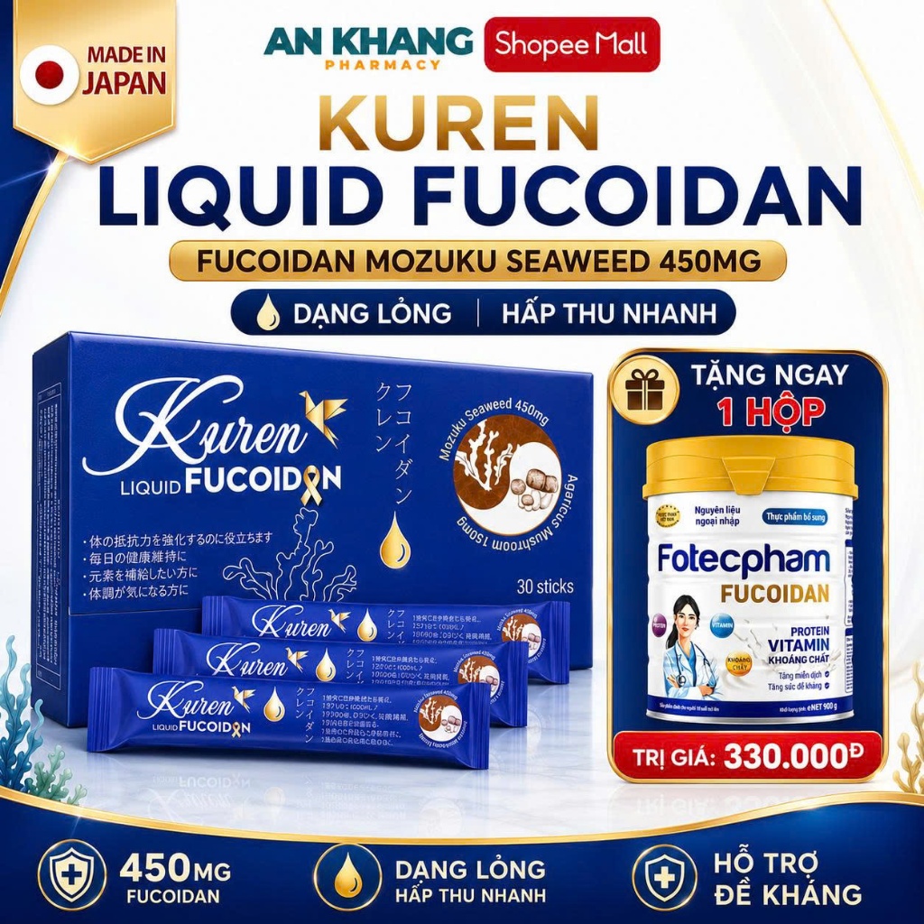 Fucoidan Nước KUREN Nhật Bản - Tảo Mozuku, Nấm Agaricus, Vitamin C E B2 B6