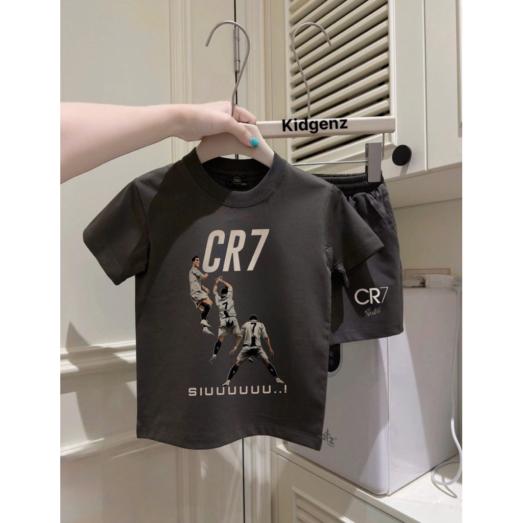bộ áo thun quần cộc Cr7 siu xám cho bé trai , set áo phông quần short mùa hè ,kid genz