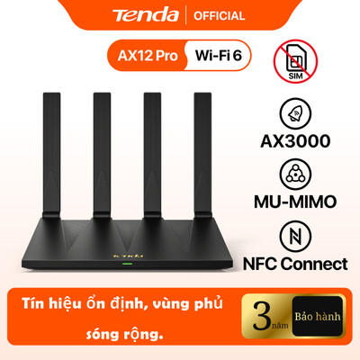 Tenda AX12 Pro Router WiFi 6 AX3000 Băng Tần Kép, Cổng Gigabit, 4 Cổng LAN, Hỗ Trợ VPN, NFC, MU-MIMO