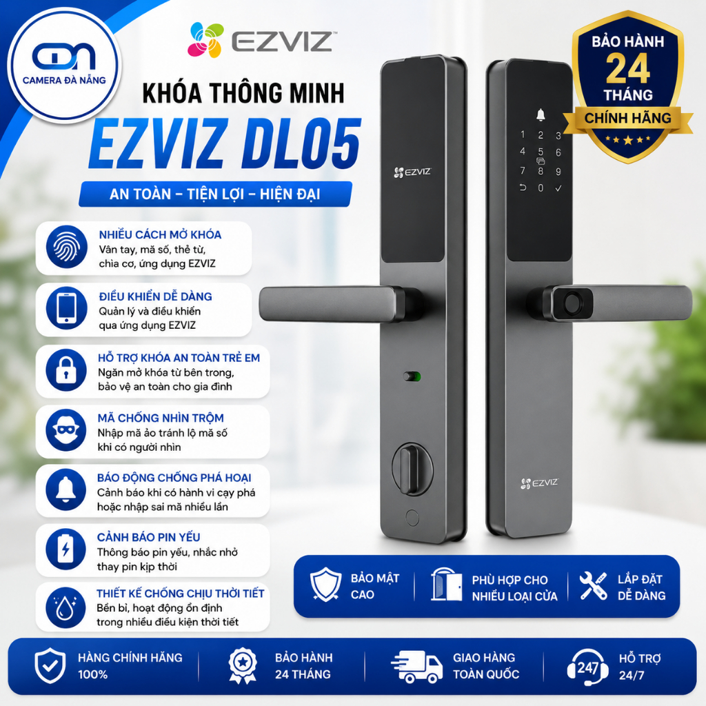 Khóa Cửa Thông Minh EZVIZ DL05 Vân Tay Wifi - Mở Khóa App, Mật Khẩu, Thẻ Từ, Chìa Cơ, Chống Trộm