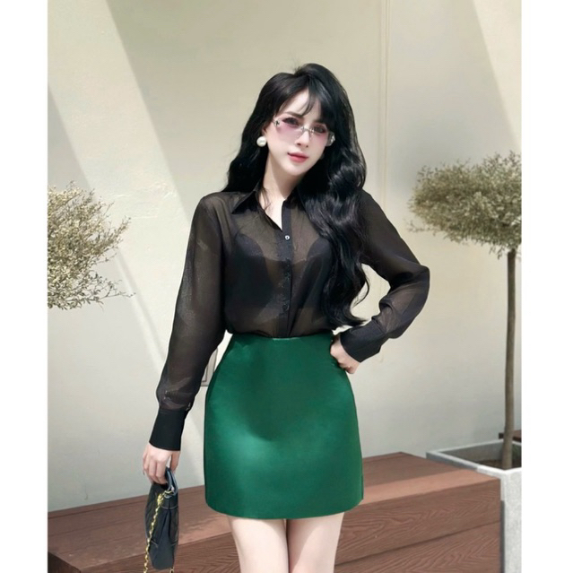(Sunny Shop)_ Set Áo Sơ Mi Tơ + Chân Váy Tafta Xanh Lá ( Sp có bán rời)