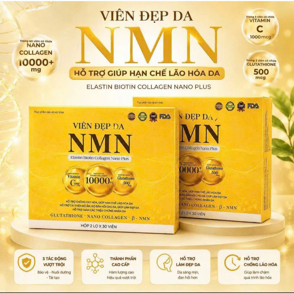 Combo 2 hộp -TPBVSK Viên đẹp da NMN Elastin Biotin Collagen nano Plus -hỗ trợ làm đẹp da chăm sóc từ