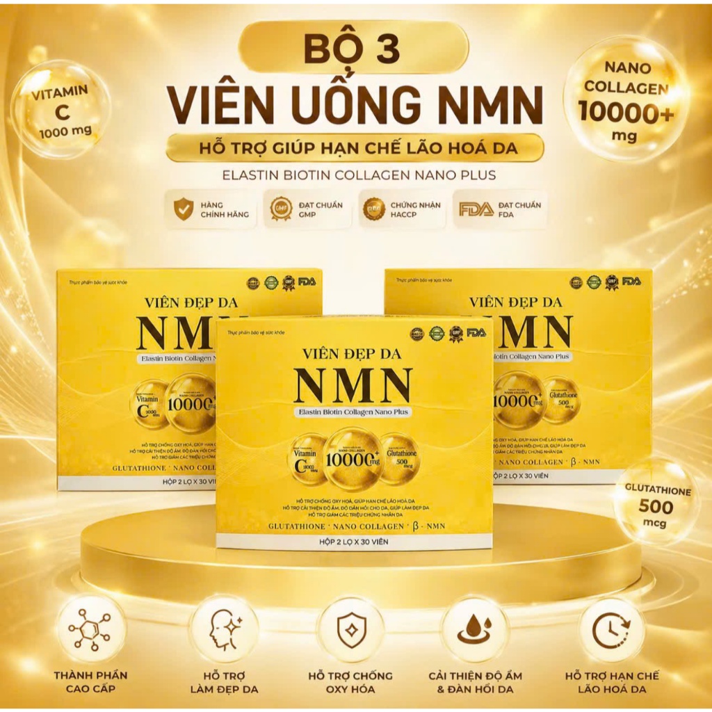 Combo 3 hộp -TPBVSK Viên đẹp da NMN Elastin Biotin Collagen nano Plus -hỗ trợ làm đẹp da chăm sóc từ