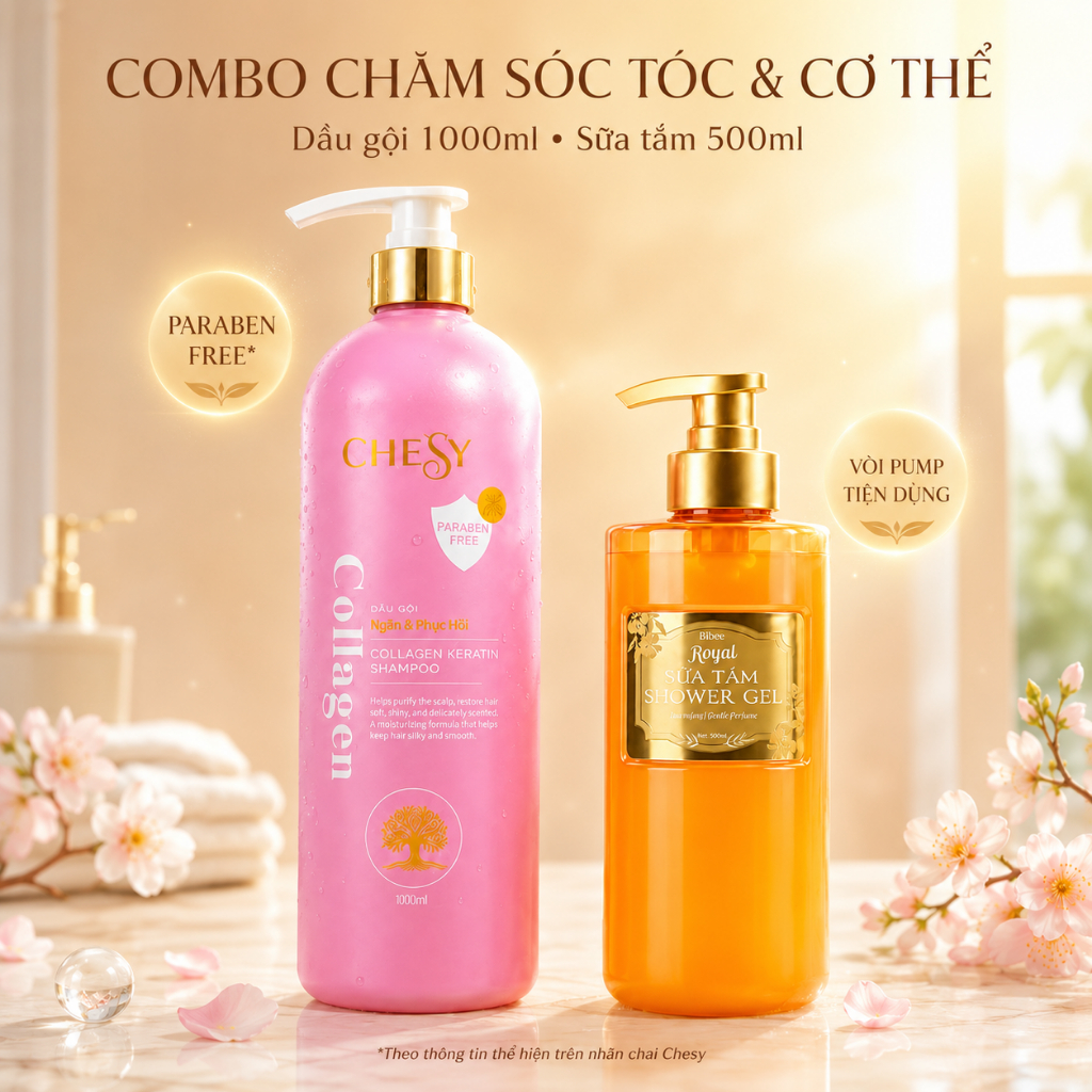 Combo Dầu Gội Chesy Collagen Keratin 1000ml & Sữa Tắm Bibee Royal Cam 500ml - Phục Hồi Tóc Hư Tổn, L