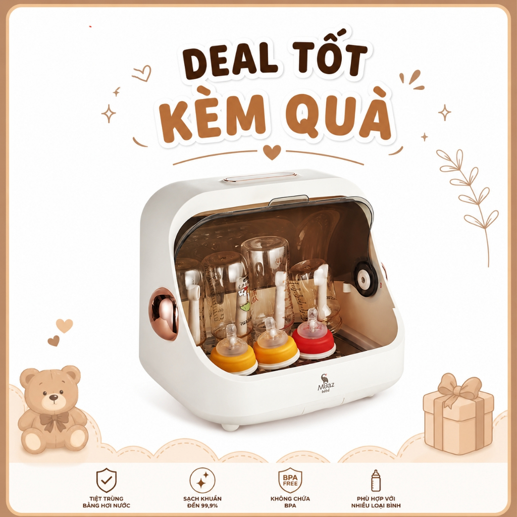 Máy úp bình sữa, tiệt trùng, sấy khô tia UVC Moaz Bebe MB044 Plus MÃU MỚI bảo hành chính hãng 12 thá