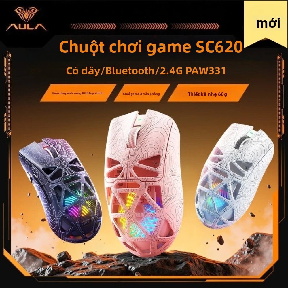 Chuột Không Dây Gaming SC620 3 Chế Độ (3 Mode) Siêu Nhẹ,LED RGB, Vỏ Case Phong Cách Wooting