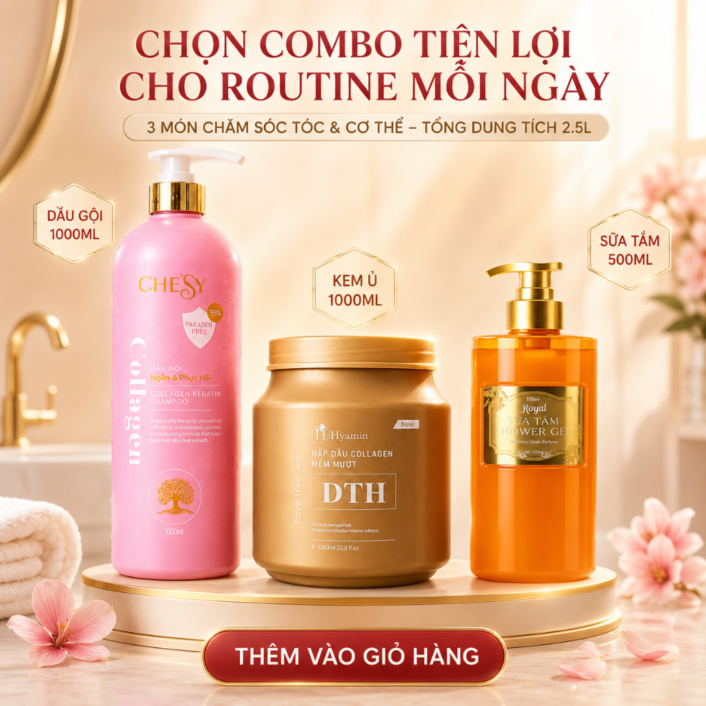 Combo Dầu Gội Chesy 1000ml + Kem Ủ Tóc Collagen DTH 1000ml + Sữa Tắm Bibee Royal Cam 500ml Hương Nướ