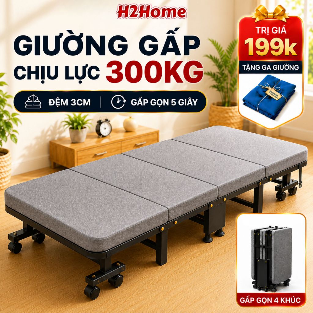 Giường gấp văn phòng, giường xếp cao cấp gấp gọn 4 khúc H2Home khung hợp kim sơn tĩnh điện siêu bền 