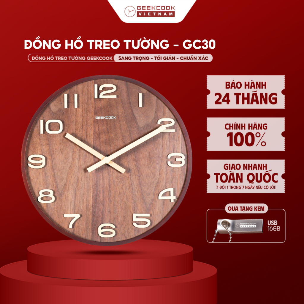 Đồng Hồ Treo Tường Gỗ Nguyên Khối Geekcook GC30- Đồng Hồ Decor Tối Giản Hiện Đại