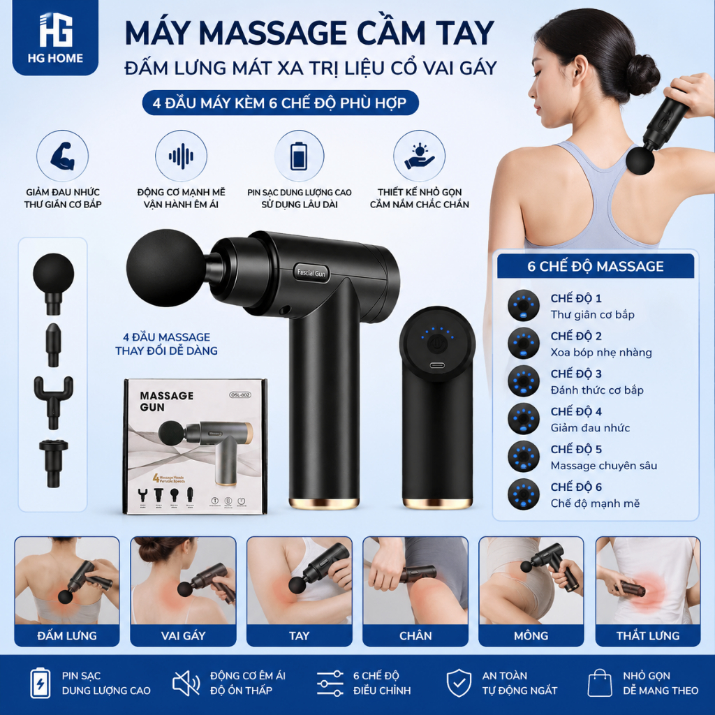 Máy Massage Cầm Tay HGHOME Đấm Lưng Mát Xa Trị Liệu Cổ Vai Gáy 4 Đầu Máy Kèm 6 Chế Độ Phù Hợp