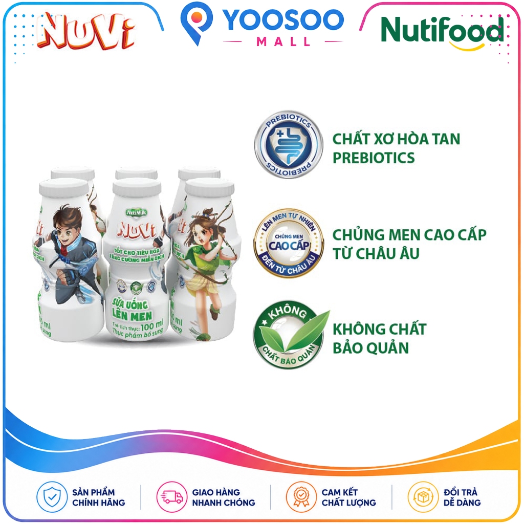 Combo 06 Chai NuVi Sữa Chua Uống Lên Men Tự Nhiên/ Cam/ Dâu Chai 100ml - NUTIFOOD - YOOSOO MALL