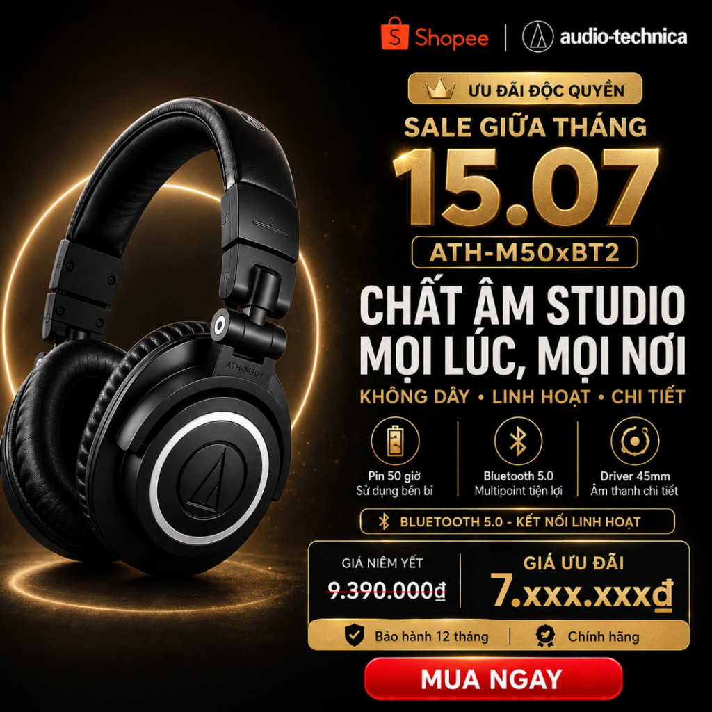 [Chính Hãng] Tai nghe Bluetooth Audio-Technica ATH-M50xBT2 Over-Ear Studio Sound 50 Giờ Pin Có Mic