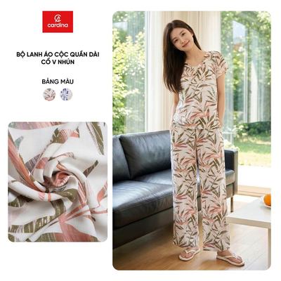 Bộ đồ mặc nhà nữ CARDINA chất liệu lanh tay cộc cổ V nhún và quần dài 6BLD03