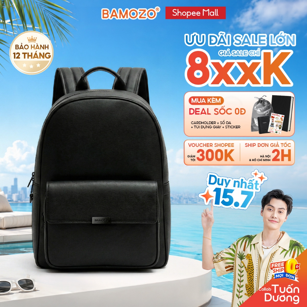 Balo da nam đi học đi làm Bamozo MORA da PU Saffiano form cứng chống xước, chống nước, đựng laptop 1