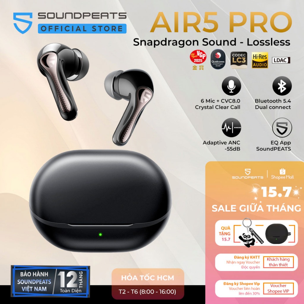 Tai nghe True Wireless SoundPEATS Air5 Pro ANC 55dB | LDAC Le Audio | APTX Lossless Bluetooth 5.4