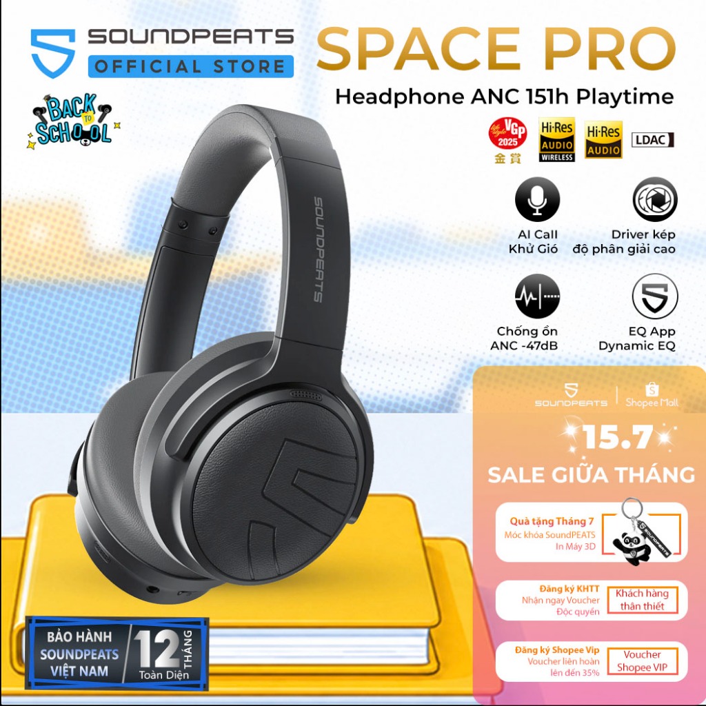 Tai Nghe Chụp Tai Bluetooth SoundPEATS Space Pro | Pin 151 Giờ | Hires Audio LDAC | Bluetooth 5.4
